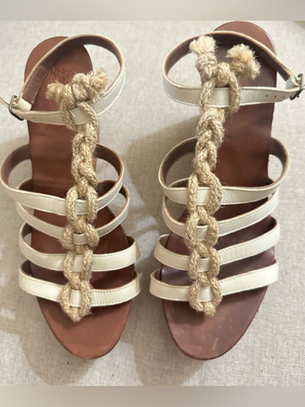 Neutral Leather Strappy Platform Sandals with Braided Detail